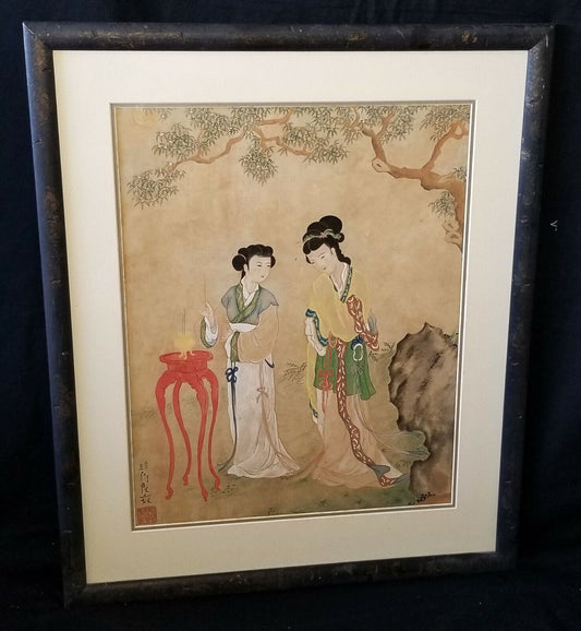 Vintage Chinese Framed Painting "Two Woman in a Garden" by Zhen O Jian Nu (WiR)