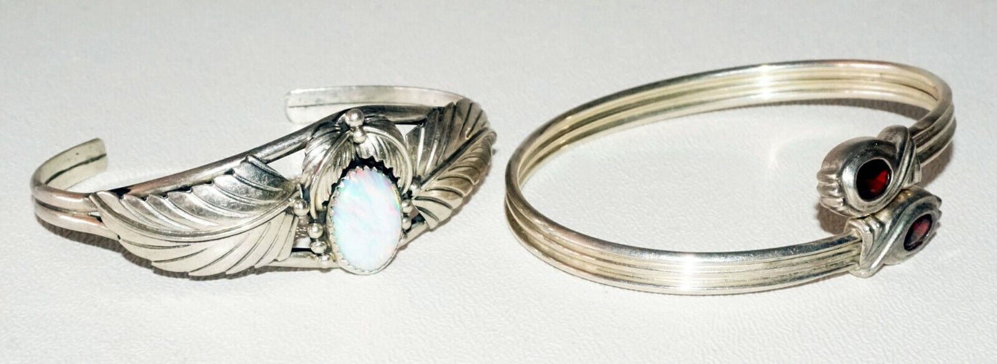 2Pc Sterling Silver Bracelet Lot w. 2x Garnets & 1x White Opal by VV (SaR)#176