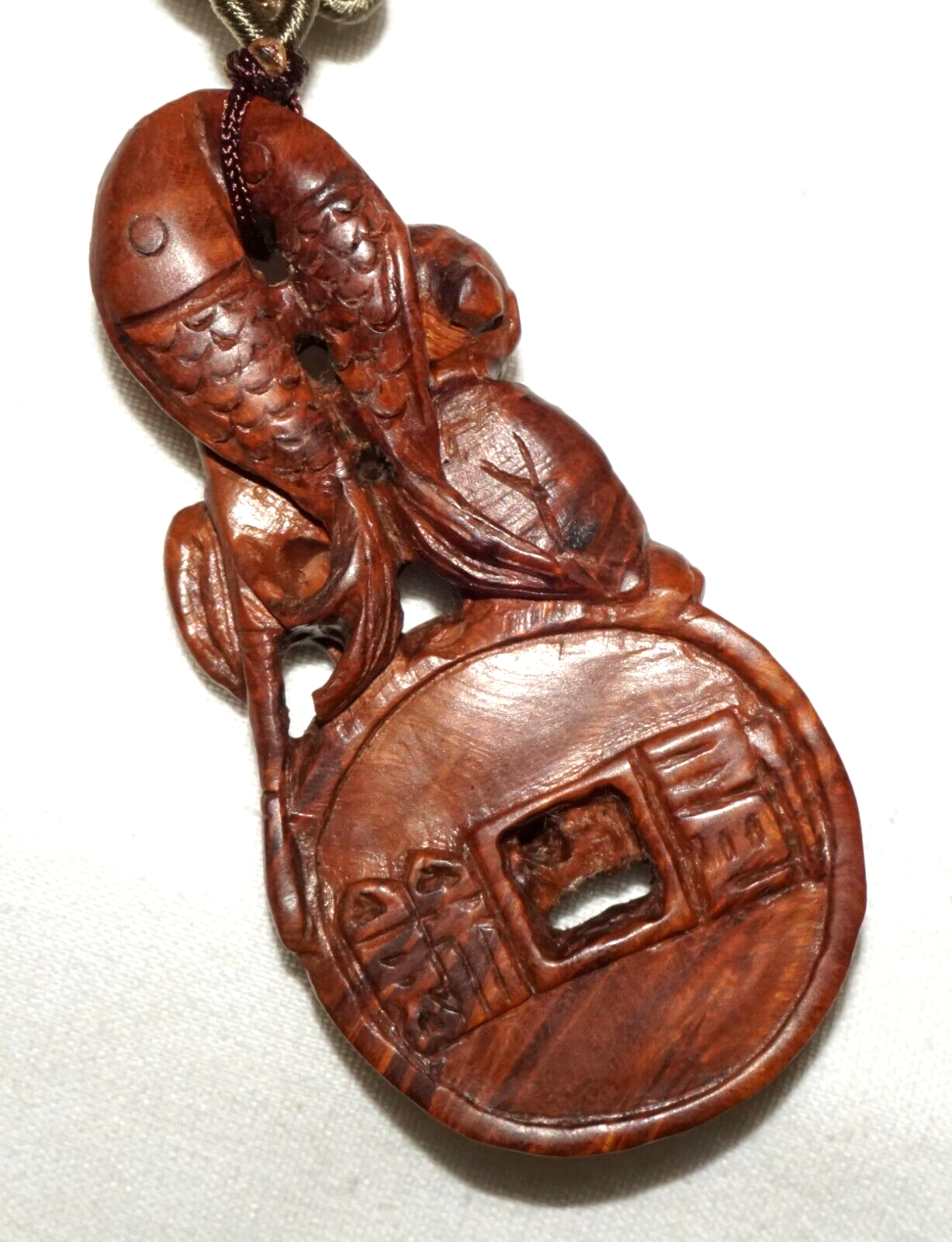 Vintage Chinese Wooden Pendant Carved Boy on Coin & Double Carp Motif (LeS)L21