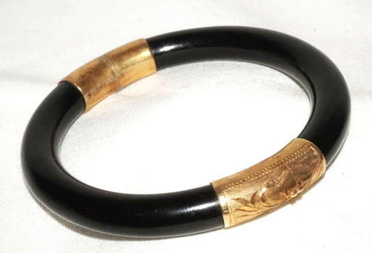 Vintage Chinese 14k Yellow Gold set Black Coral Bangle Bracelet (LeS)L25