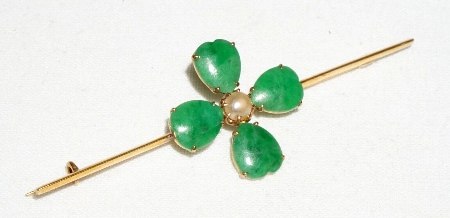 Vtg Chinese 18k Yellow Gold Four Leafed Clover Jadeite Jade & Pearl Brooch (InS)