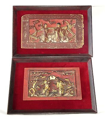 2x 19CT Chinese Framed Carved Red Panels of Scenes w. Figures in Gilt (Gem)