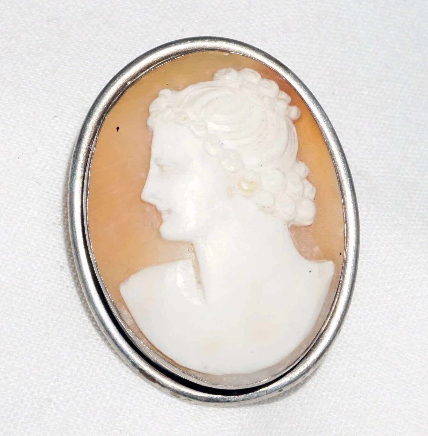 Vintage 900 Silver Shell Cameo Brooch Pendant w. Female Bust Motif (BiB)