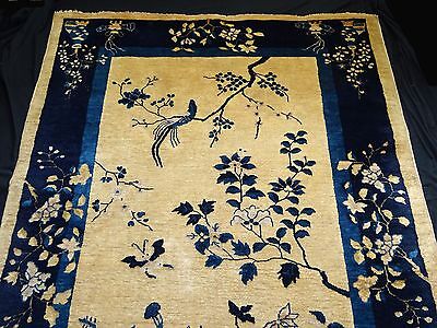 1920s Chinese Blue & Gold Wool Pile Rug w. Auspicious Motifs 92"x 60" (Sig)