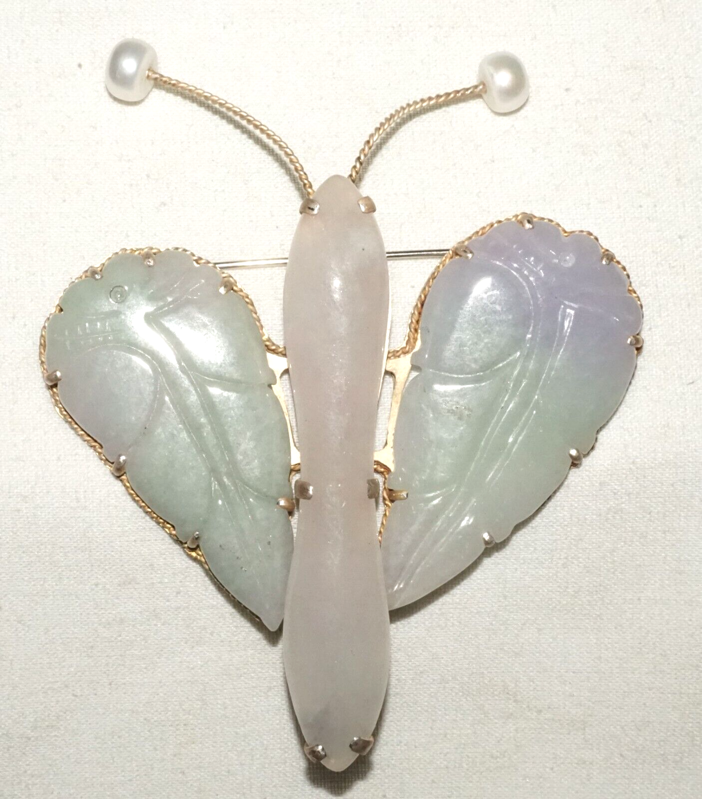 Vintage Chinese Large Butterfly Brooch Pendant w. 3x Lavender Jade Accents (LeP)