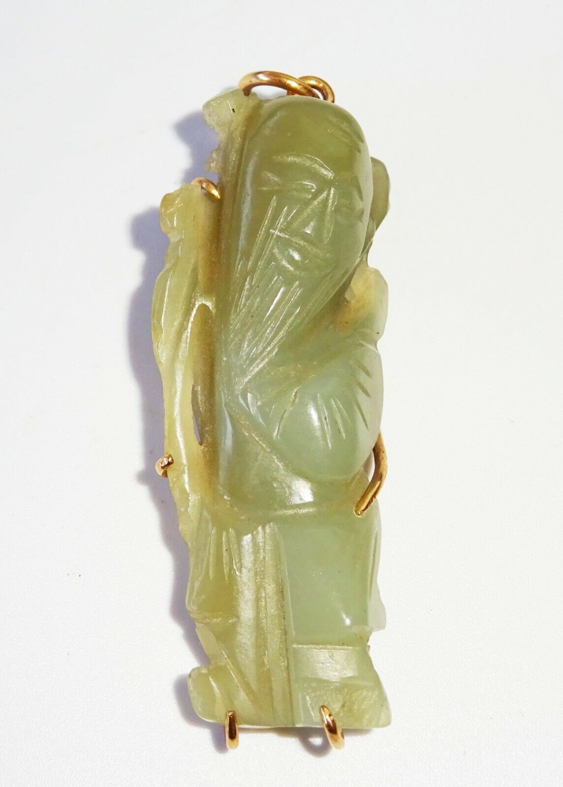 19C Chinese Nephrite Jade Carved 14K Yellow Gold Pendant God Long-life (FeO)#28