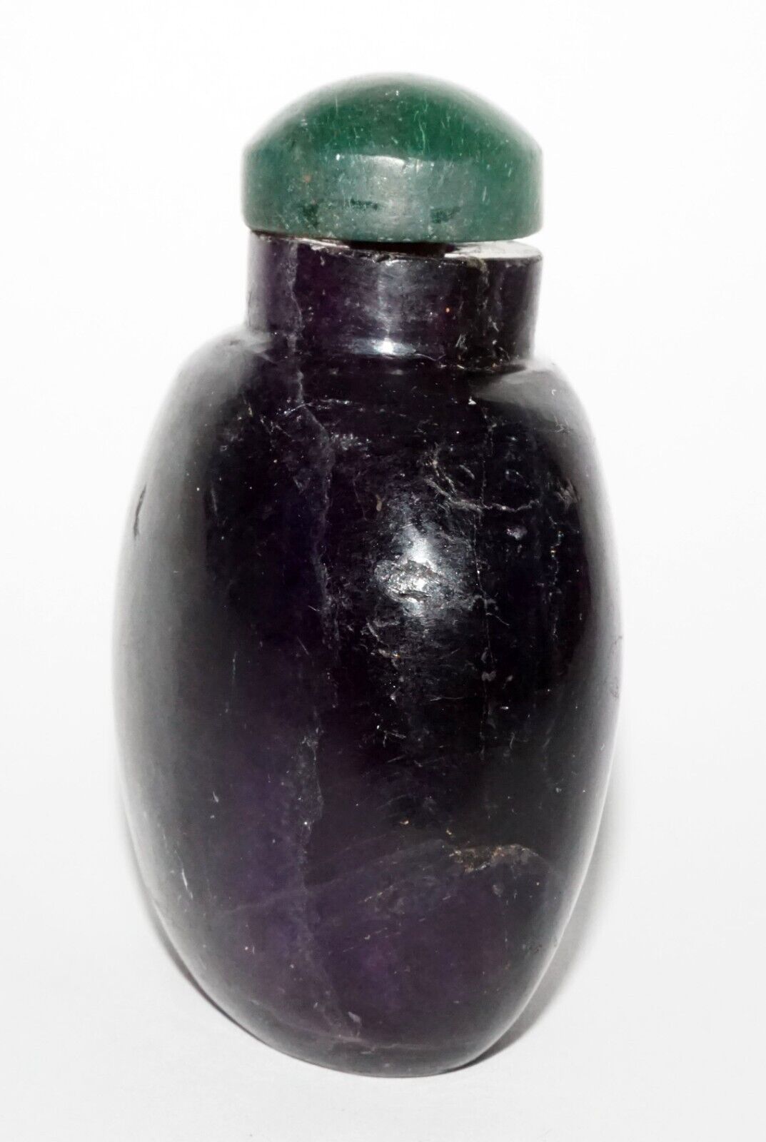 Vintage Chinese Dark Purple Fluorite Carved Snuff Bottle w. Green Stop (LeS) G8