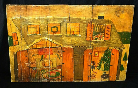 Vintage Naive Folk Art Painting on Boards Christmas Home w. Tree unsigned (HoL)