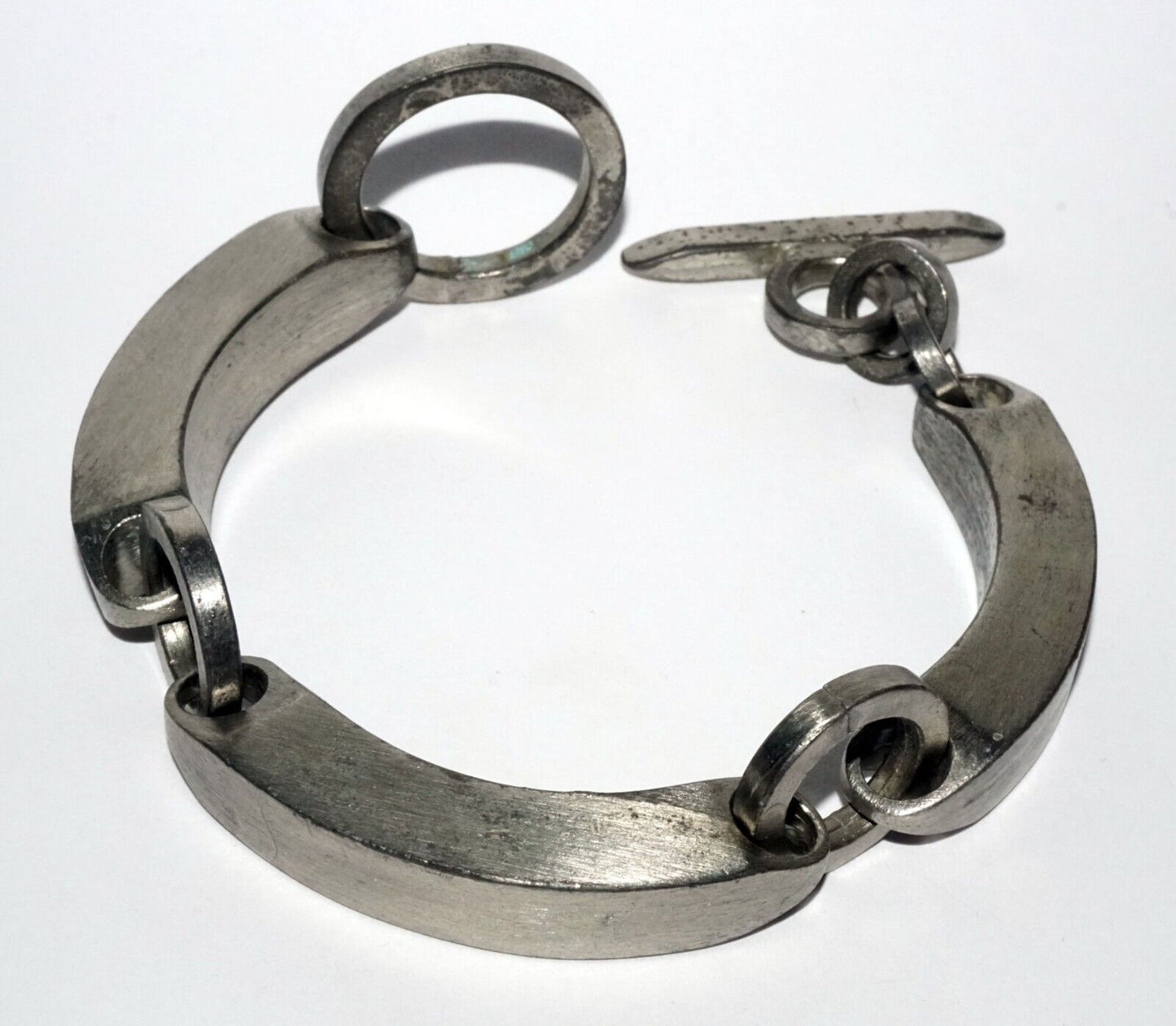 Vintage Brutalist Style Pewter Link Bracelet w. Disk Clasp (LeS) G13