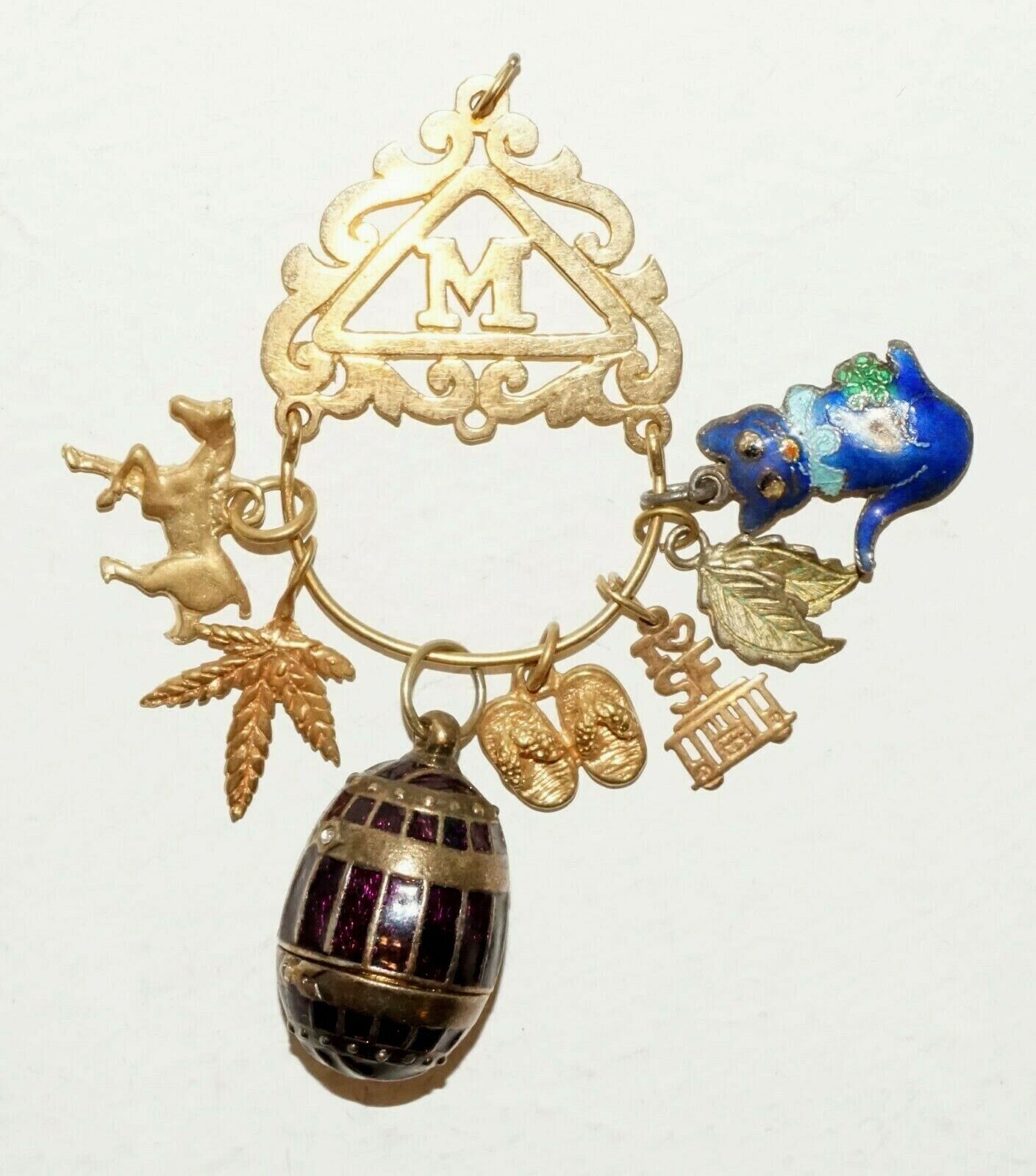 Vintage 14K Yellow Gold Charm M Motif Pendant w. 4 y.G. +3x Enamel & GP (BrM)#47