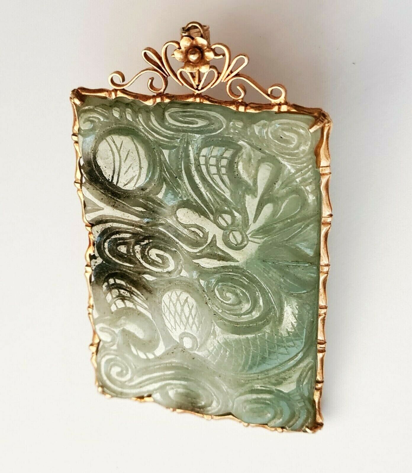 Vintage Chinese 14k Yellow Gold Jade Plaque Pendant w. Dragon Motif (GoH)#7a