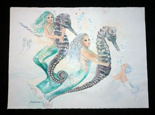 1997 Hawaii Mixed Media Collage Painting Mermaids & Seahorses by Sherburne (Mod)