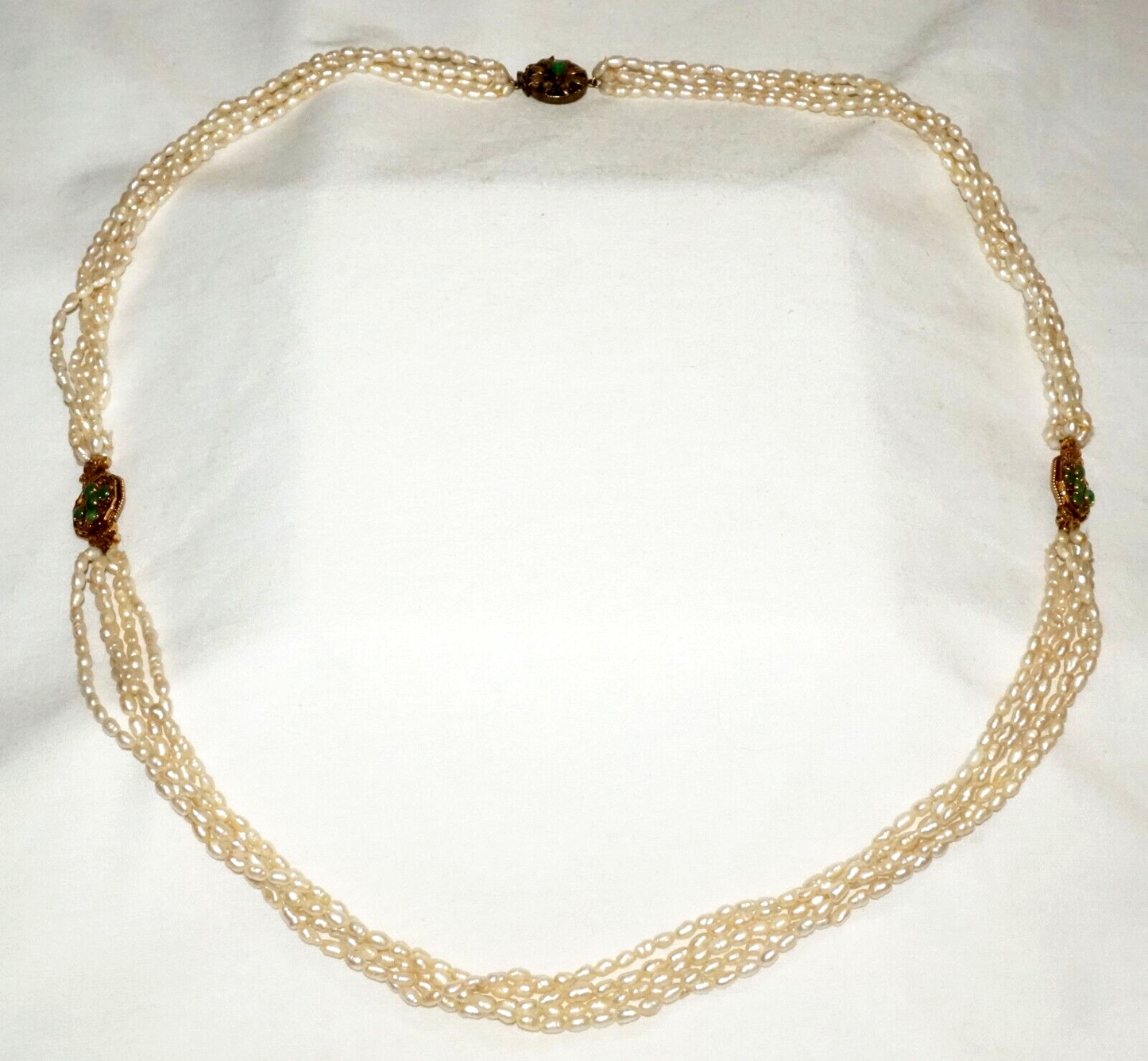 Vintage Chinese 1k Yellow Gold 5x Strand Pearl Necklace w. Jadeite Jades (KoM)