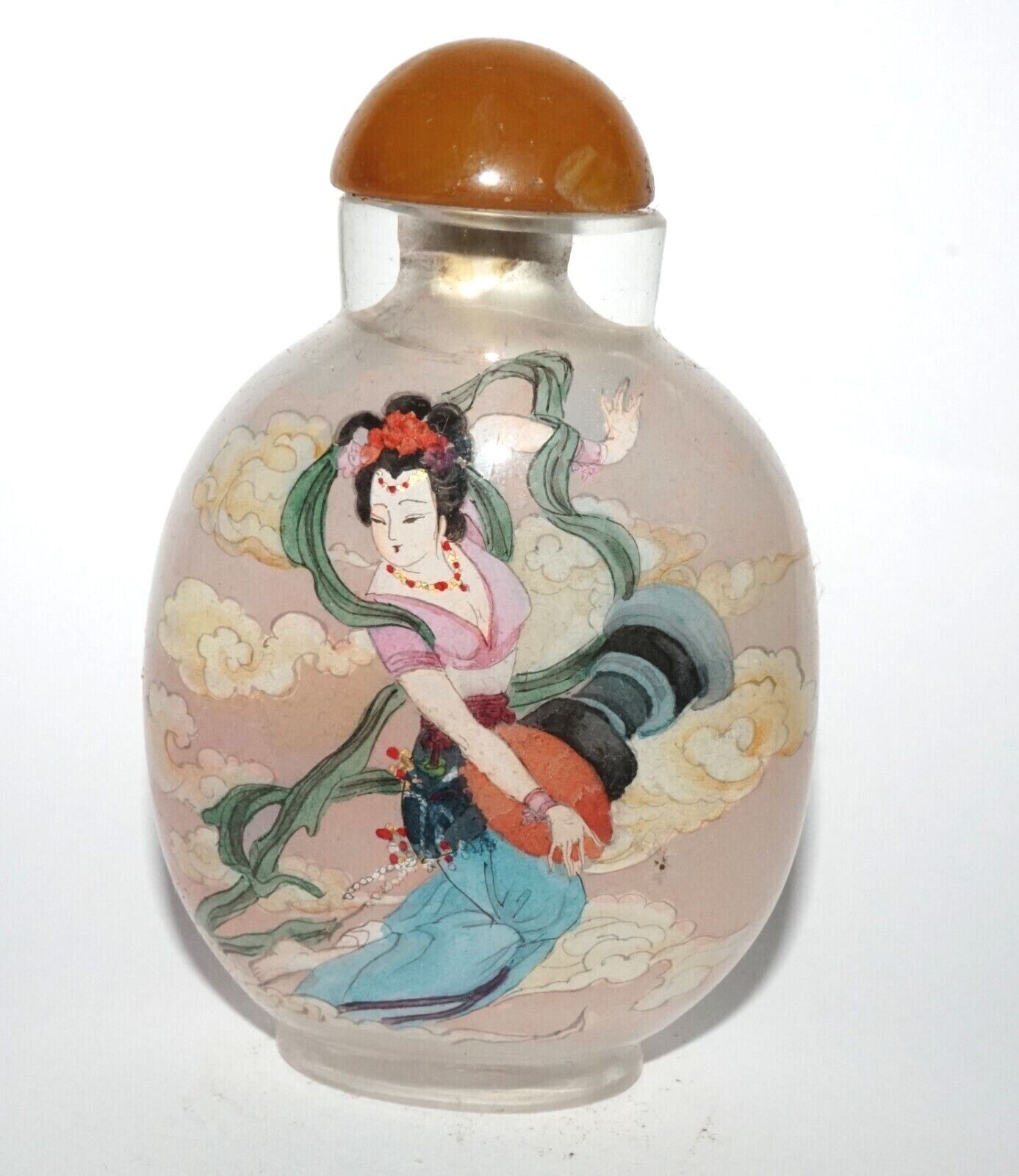 Vintage Chinese Reverse Painted Glass Snuff Bottle w Woman Motifs (LeS) G12