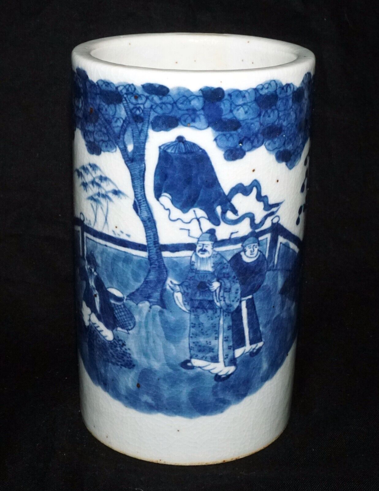 Chinese Blue & White Pottery Brush Pot w. Court-scene w Garden Motif (LeL) IC