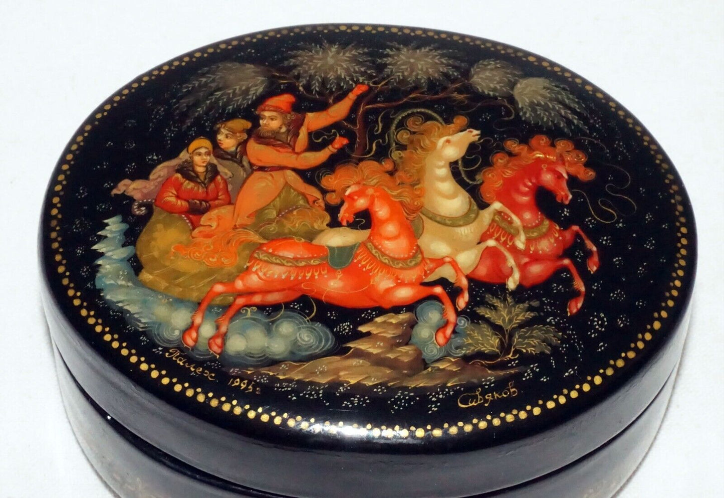 Vintage Russian Lacquer Box Three Figures in a Horse Drawn Sleigh signed (AHB)