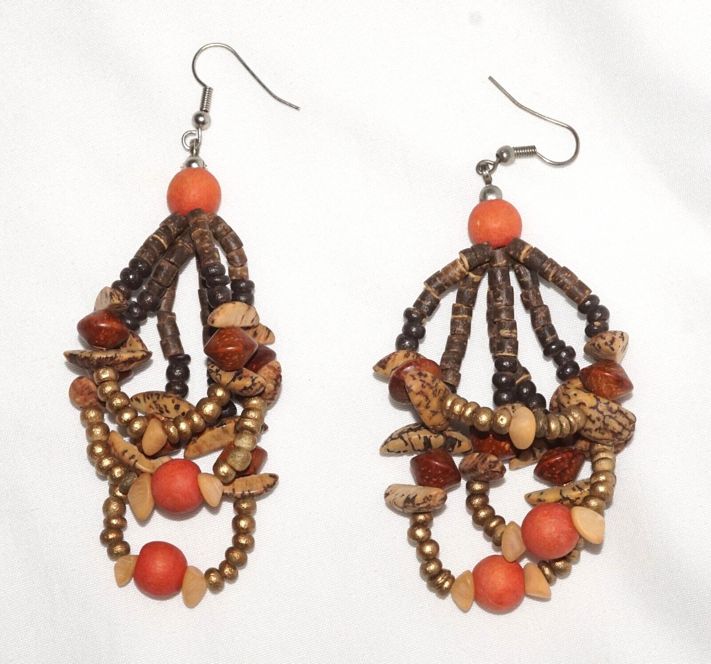 Multi Strand Coconut Shell & Orange Bead Ethnic Necklace & Earrings (MaM)6