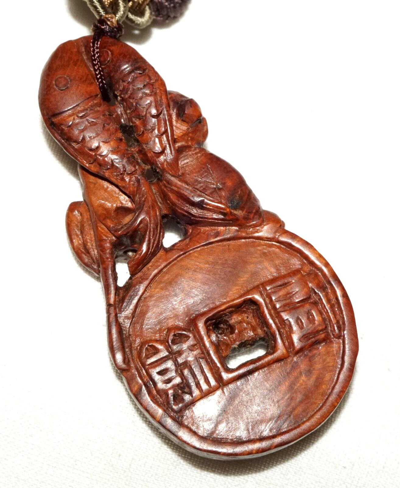 Vintage Chinese Wooden Pendant Carved Boy on Coin & Double Carp Motif (LeS)L21