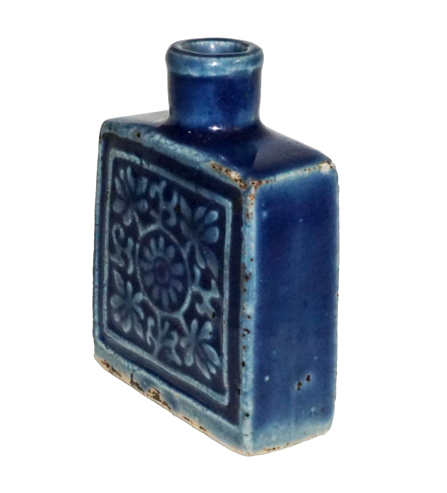 Antique Chinese Blue Glaze Molded Pottery Snuff Bottle w. Floral Motif (Kai) IC