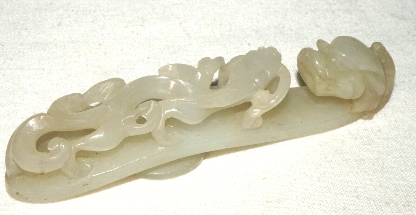 Antique Chinese Grey Green Nephrite Jade Dragon Belt Hook (UVi)#22