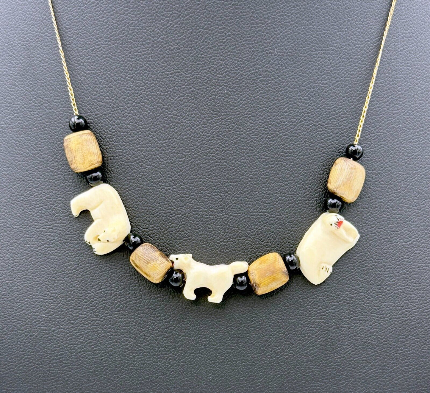 RARE Vtg Alaskan 10k Y Gold Chain Necklace w Polar Animal Beads 15 inches (HoJ)