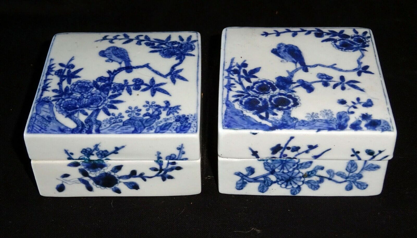 Pair 19C Chinese Blue & White Square Porcelain Boxes Bird & Flower Motif (HeN)