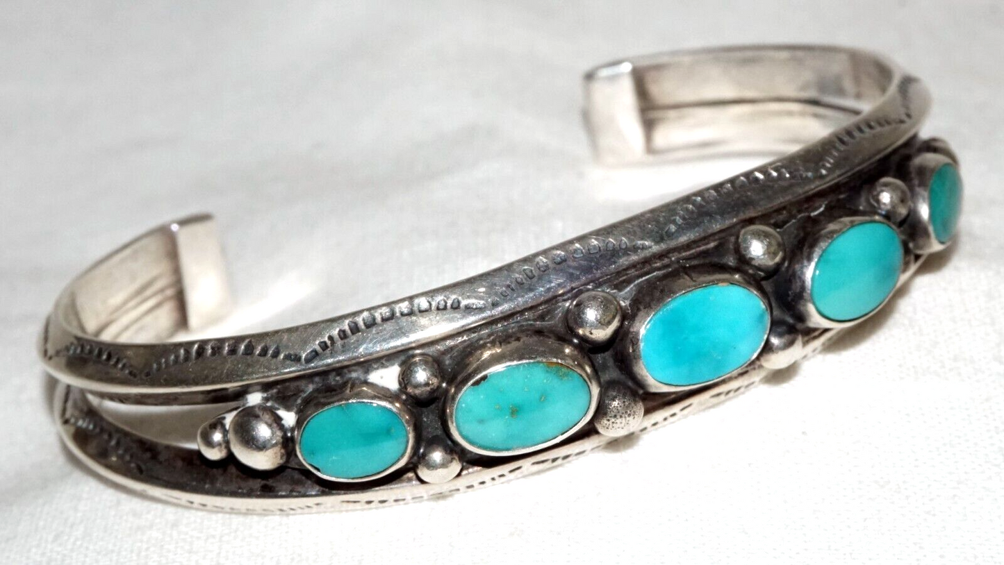 Vintage S.W. Heavy Silver Cuff Bracelet set w. 5x Turquoise Accents (KoS) L8