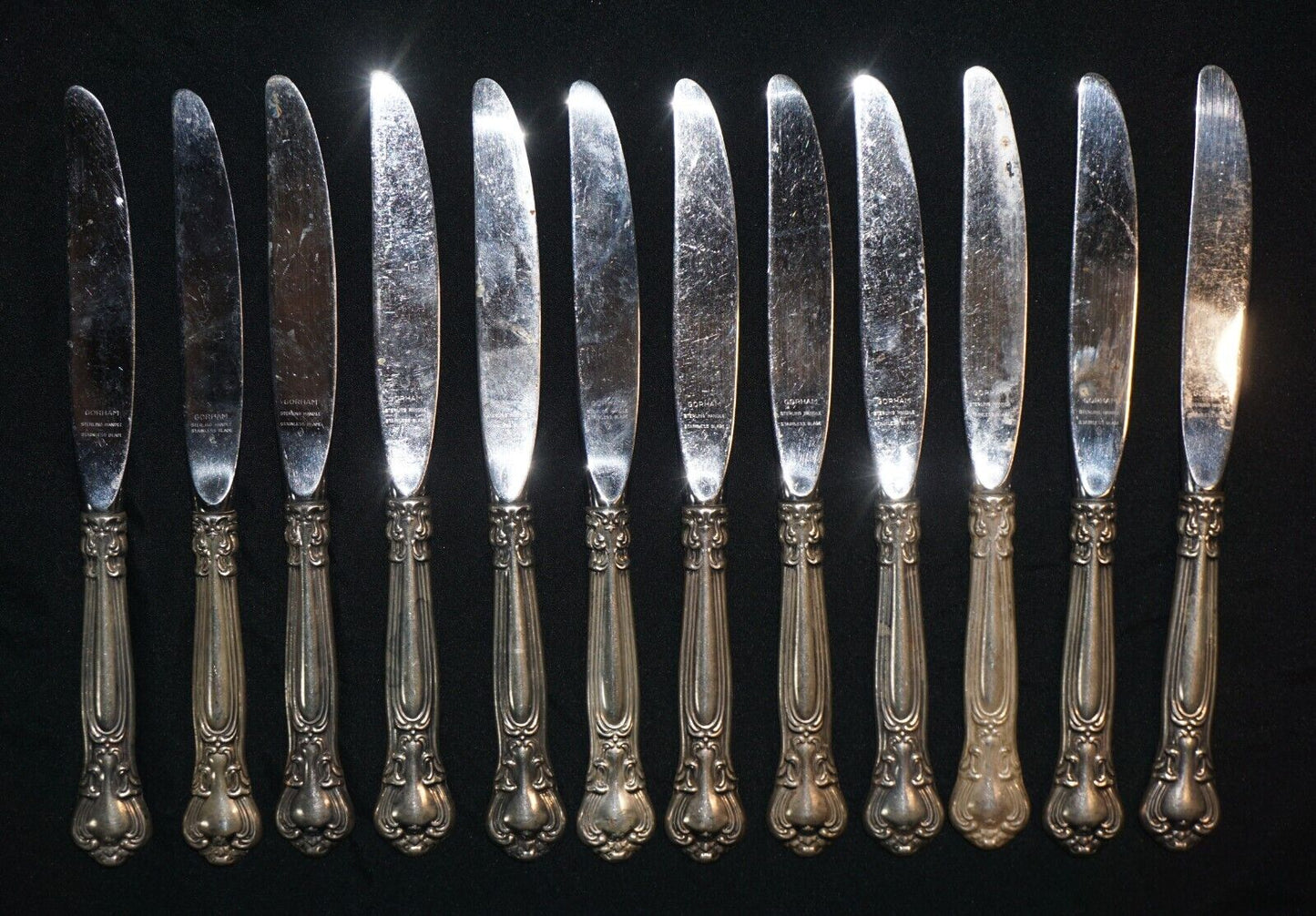 12Pc American Sterling Silver Dinner Knives 9 1/8"- Gorham Chantilly 1895 (ChB)