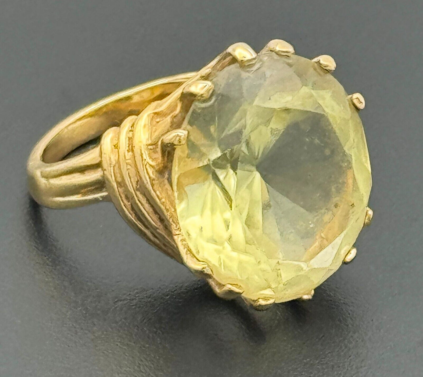 Retro 1950's 14k Y Gold Ring Sz. 8.75 w Large Faceted Pale Yellow Topaz (McC)