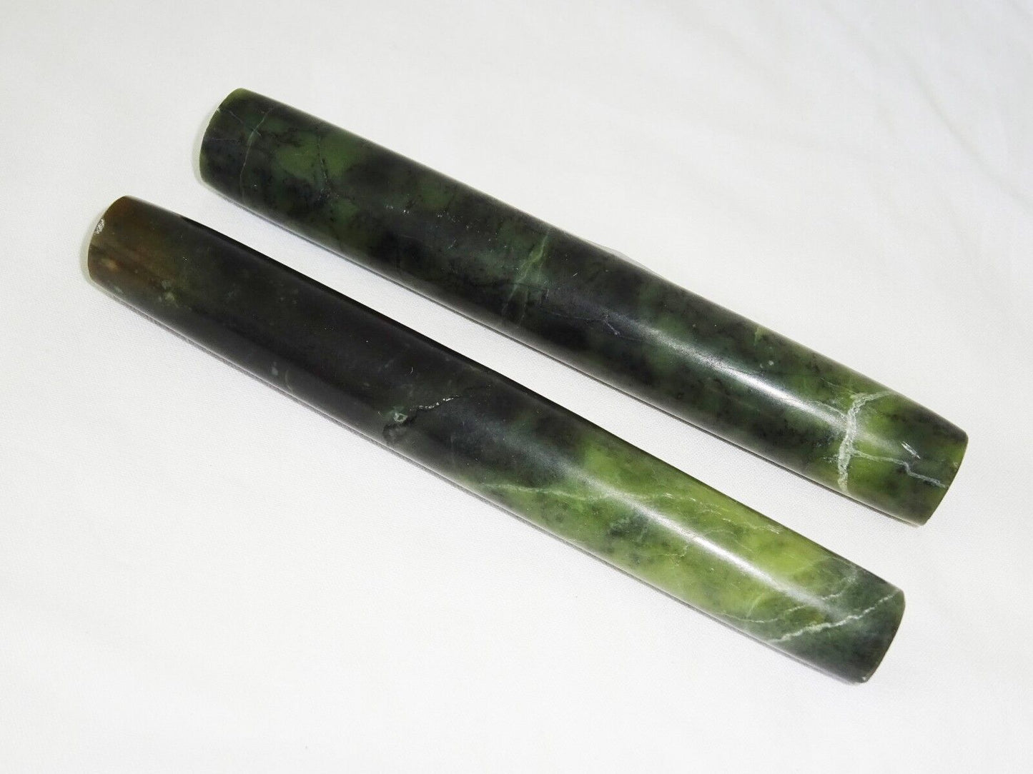 10C Pair Chinese Song Dynasty Large Green Tubular Drilled Jade Beads (Mil)