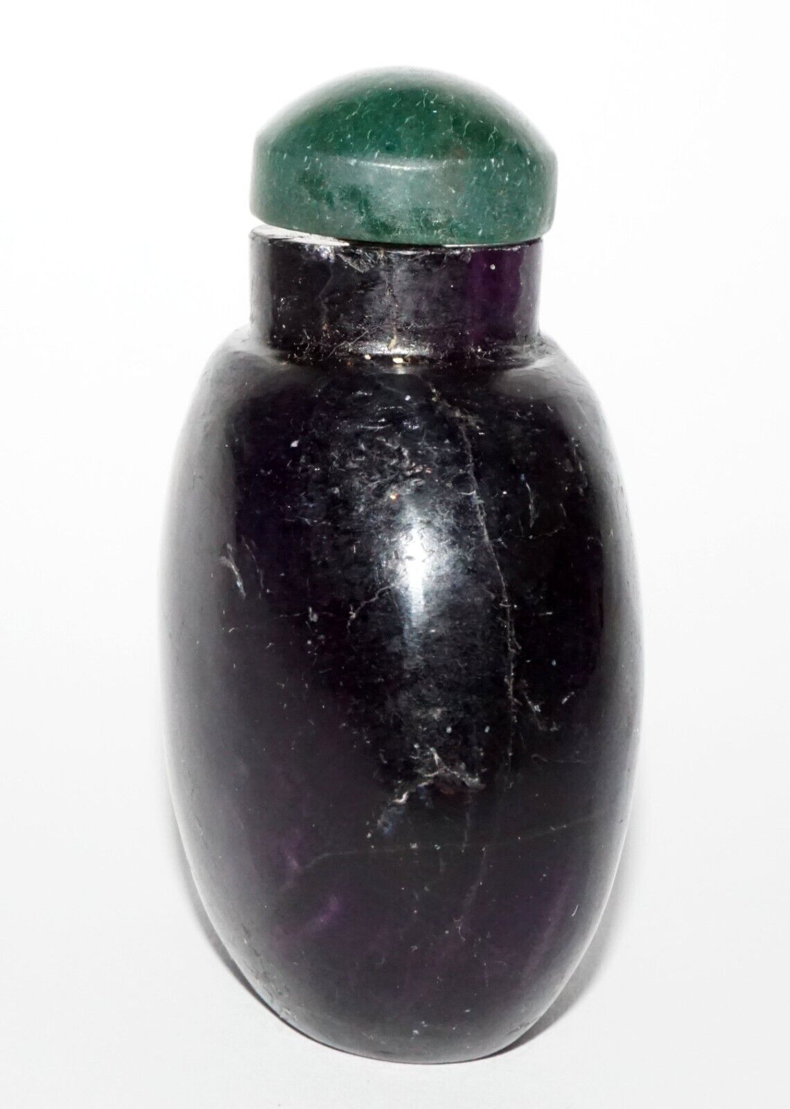 Vintage Chinese Dark Purple Fluorite Carved Snuff Bottle w. Green Stop (LeS) G8