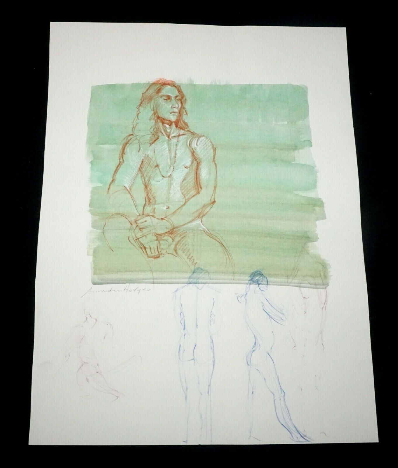 Hawaii Conte Color Wash Painting Seated Male Nude by Snowden Hodges (Sho)#29