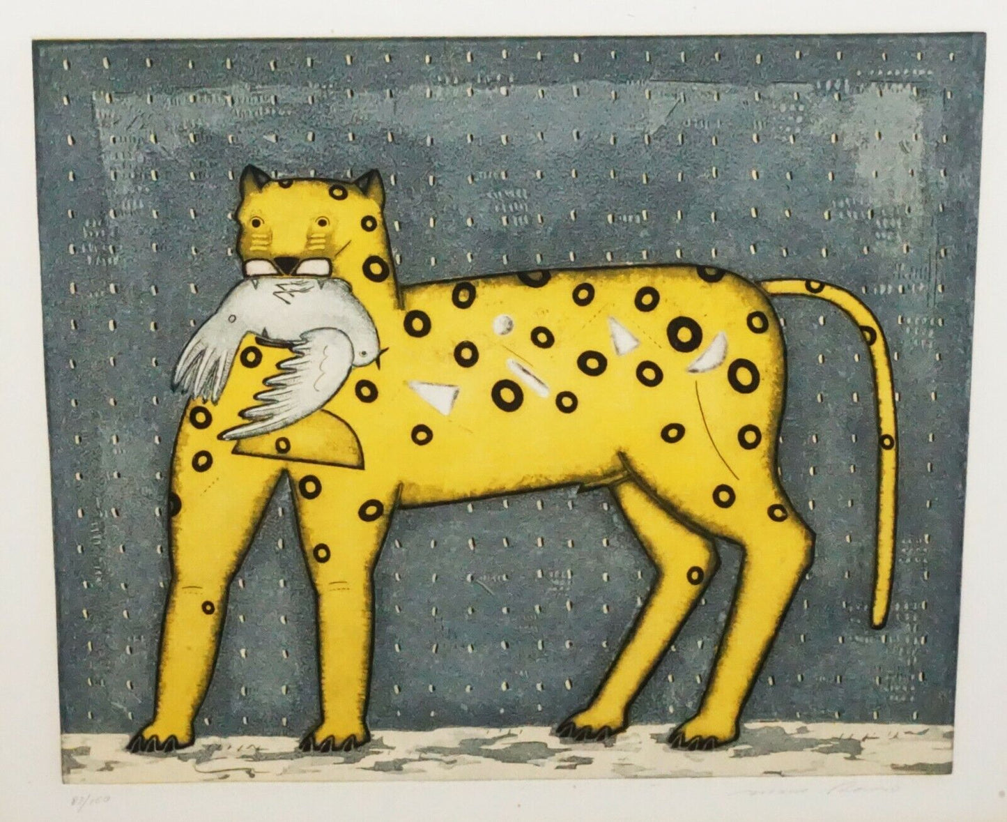 Vintage Color Etching Print 87/100 "Leopard w. Dove" by Mano Romero (ChA)