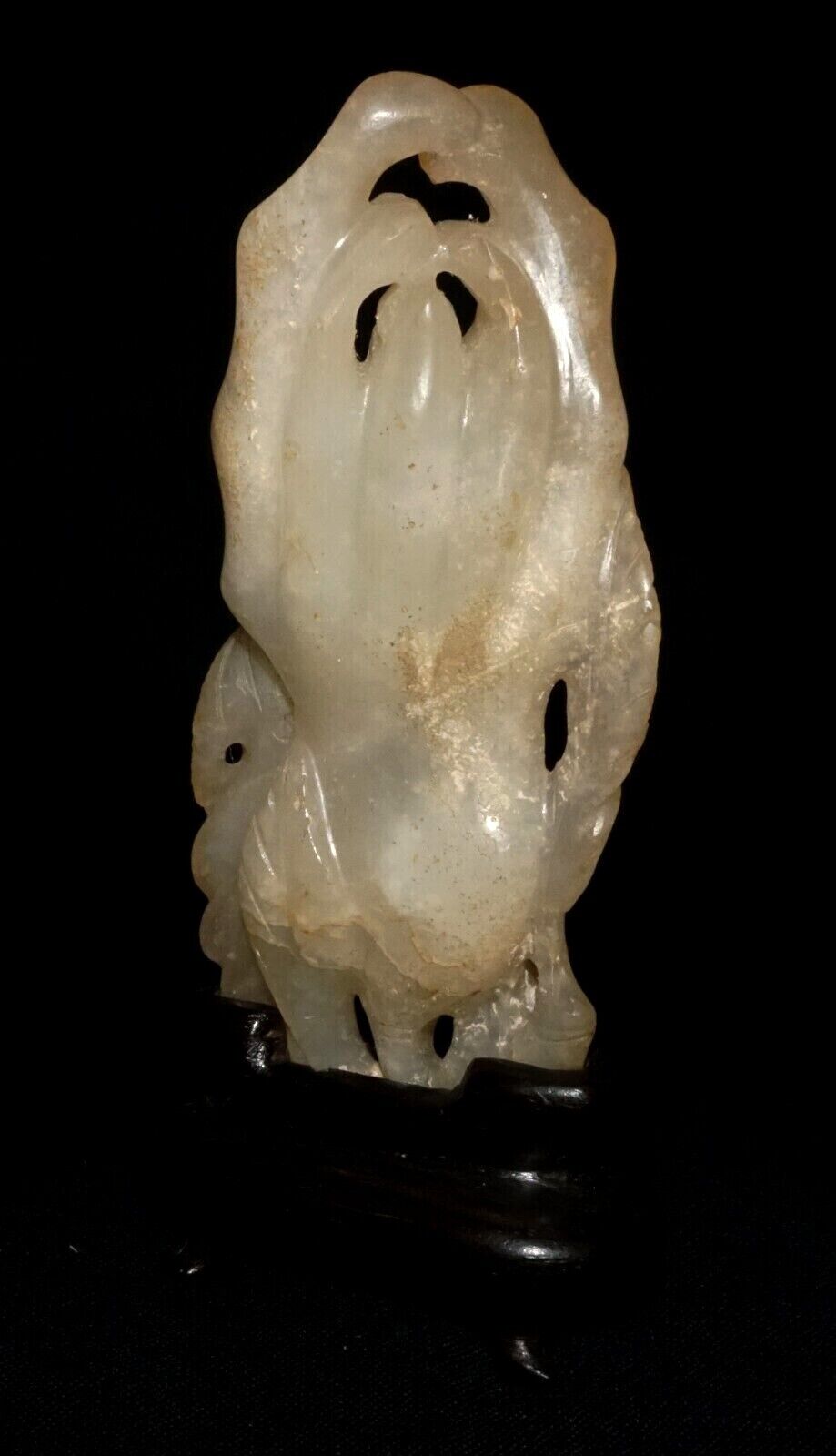 Antique Chinese Yellow Jade Buddha Hand Lemon & Bat Carving Fitted Stand (FeH)