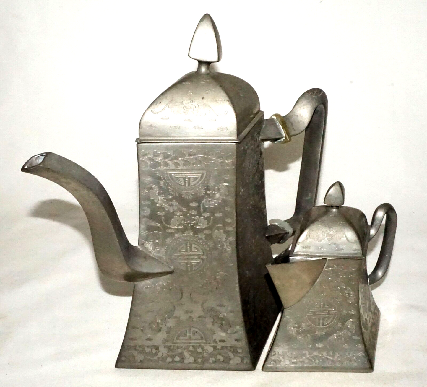 3Pc Vintage Chinese Pewter Pot & Creamer on Tray w. Bat & Happiness Motifs (GoB)