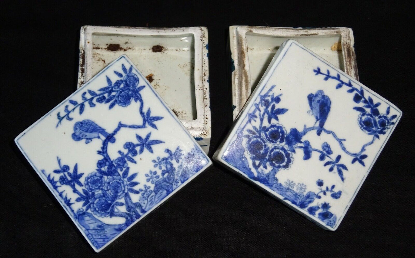 Pair 19C Chinese Blue & White Square Porcelain Boxes Bird & Flower Motif (HeN)