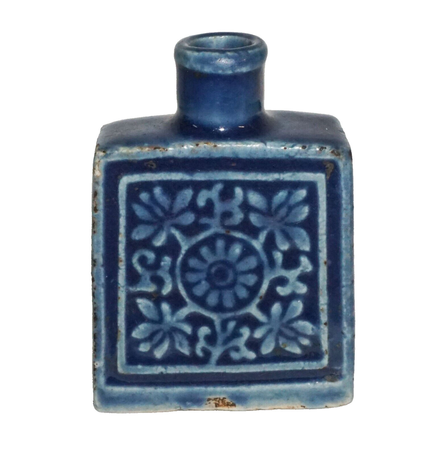 Antique Chinese Blue Glaze Molded Pottery Snuff Bottle w. Floral Motif (Kai) IC