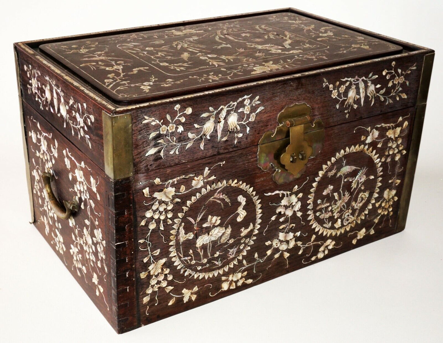 Chinese Large Hardwood Storage Chest w. MoP Inlay Birds & Flower Motifs (RiS)