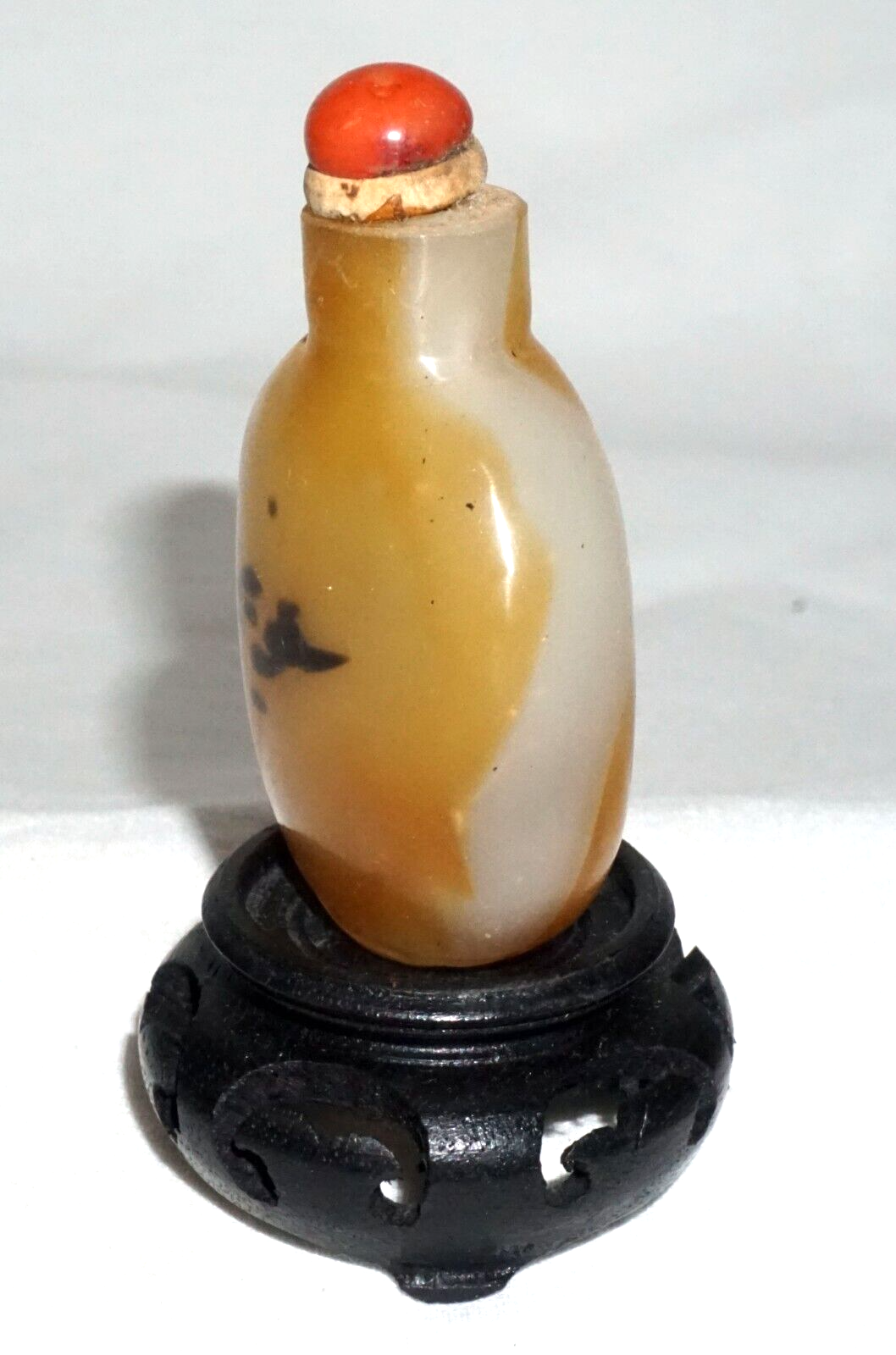 Vintage Chinese Shadow Agate Style Glass Snuff Bottle on Stand (LLA)