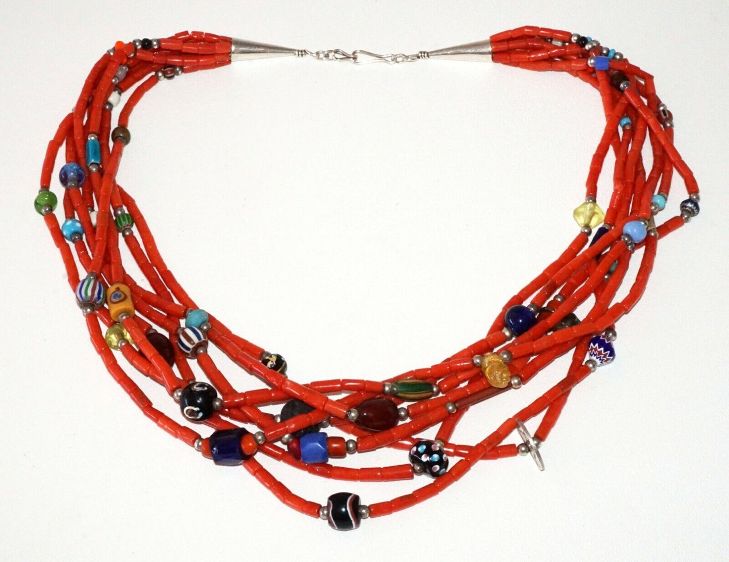 US Aboriginal Natural Fiber 8xStrand Red & Glass Trade Bead Necklace (RgR)