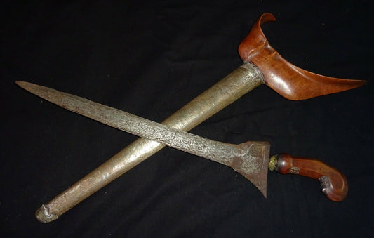 Antique Indonesian 14" Kris Dagger w Wooden Handle & Silver Wrapped Sheath (MoJ)