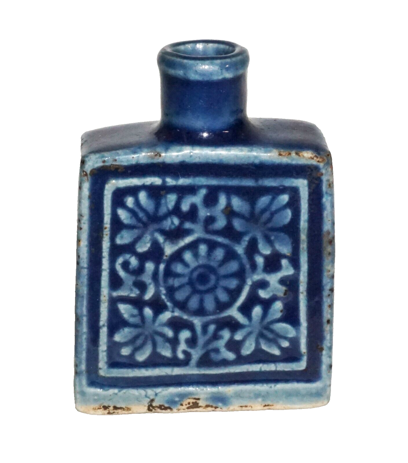 Antique Chinese Blue Glaze Molded Pottery Snuff Bottle w. Floral Motif (Kai) IC