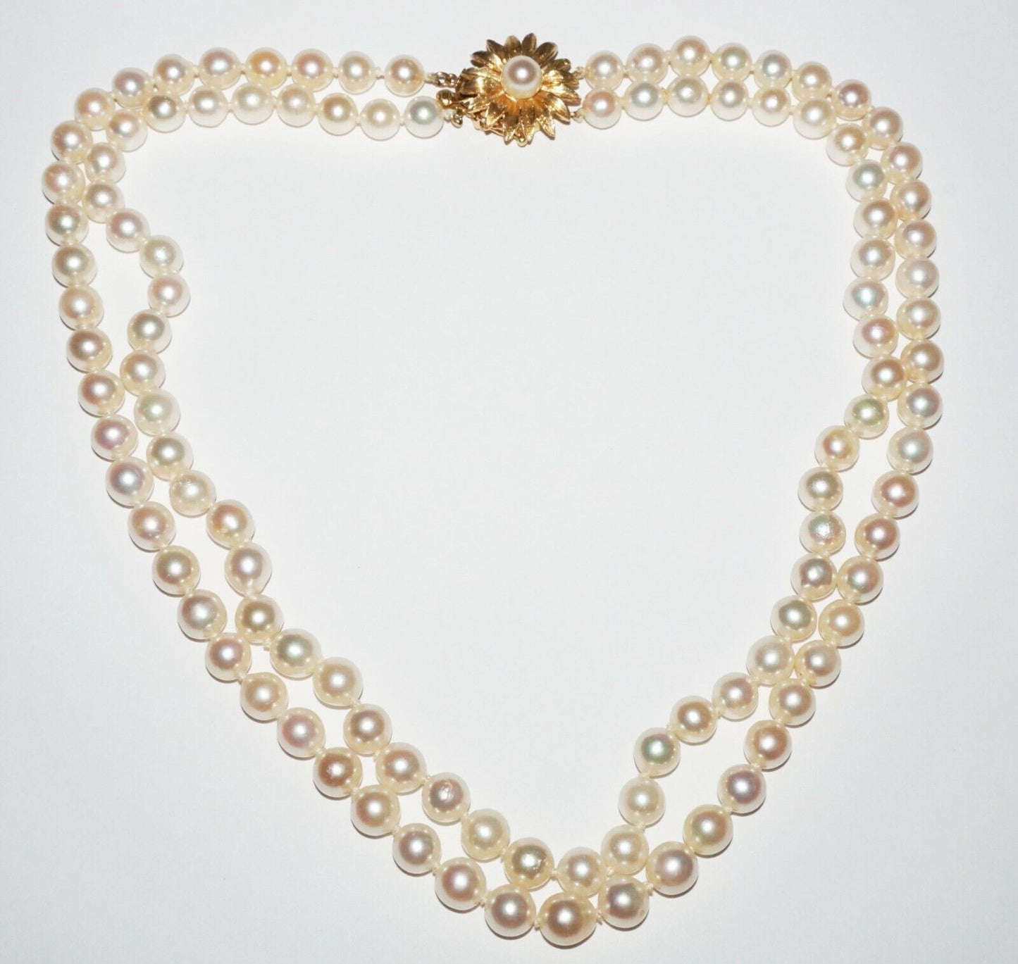 Vtg Chinese Double Strand Pearl Necklace w. Yellow Gold Flower Clasp (NaD)#17b